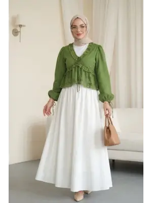 Fırfır Detaylı V Yaka Yarı Transparan Bluz -Yeşil