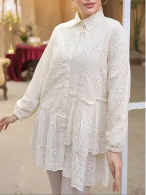 Fırfır Ve Fisto Detaylı İnci Düğmeli Gömlek -Bej