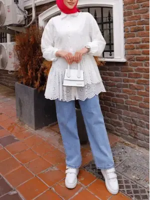 Fırfır Ve Fisto Detaylı İnci Düğmeli Gömlek -Beyaz