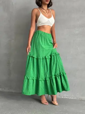 Fırfırlı brodeli astarlı uzun etek yeşil s255047