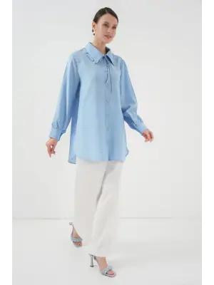 Fırfırlı Uzun Gömlek Tunik 5952 - Mavi