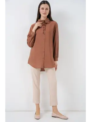 Fırfırlı Uzun Gömlek Tunik 5952 - Sütlü Kahve