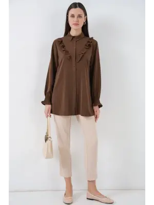 Fırfırlı Uzun Gömlek Tunik 5986 - Kahverengi