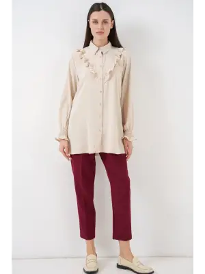 Fırfırlı Uzun Gömlek Tunik 5986 - Krem