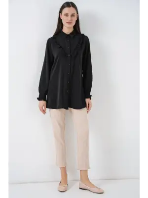 Fırfırlı Uzun Gömlek Tunik 5986 - Siyah