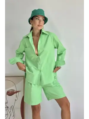 Omarı Fıstık Yeşili Cepli Gömlek ve Şort Takımı