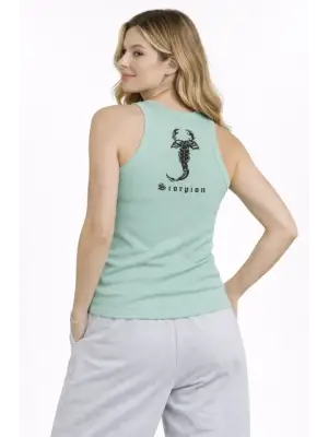 Fitilli Atlet Sıfır Yaka Slim Fit Arka Baskılı Spor Atlet - Mint Yeşili