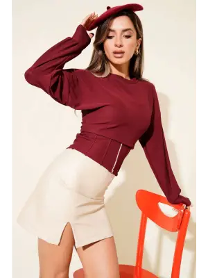 Fitilli Bisiklet Yaka İkili Bluz bordo T4341