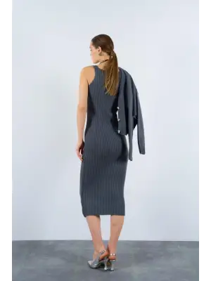 Fitilli Elbise Hırkalı Takım - Füme