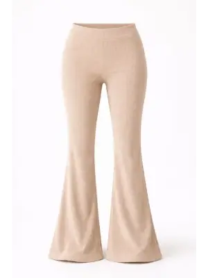 Fitilli Kaşkorse İspanyol Paça Tayt Yüksek Bel Esnek Günlük Rahat Pantolon - Bej