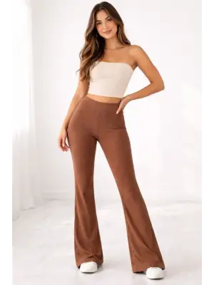 Fitilli Kaşkorse İspanyol Paça Tayt Yüksek Bel Esnek Günlük Rahat Pantolon - Kahverengi