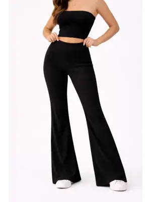 Fitilli Kaşkorse İspanyol Paça Tayt Yüksek Bel Esnek Günlük Rahat Pantolon - Siyah