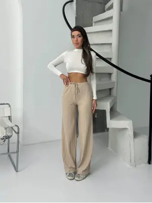 Fitilli şardonlu pantolon bej a4058