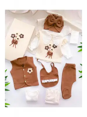 Fiyonk Ve Çiçek Detaylı %100 Pamuk 10 Parça Bebek Hastane Çıkış