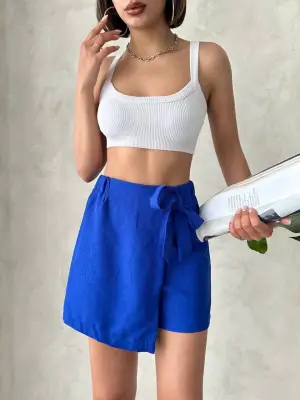 Fiyonklu şort etek saks s255021