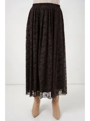 Flok Baskılı Astarlı Etek 8069 - Kahverengi