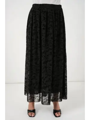 Flok Baskılı Astarlı Etek 8069 - Siyah