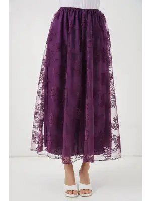 Flok Baskılı Uzun Tül Etek 8070 - Mor