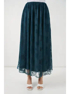 Flok Baskılı Uzun Tül Etek 8070 - Petrol