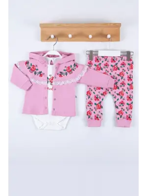 Flover Nakışlı Hırkalı % 100 Pamuk 3lü Kız Takım