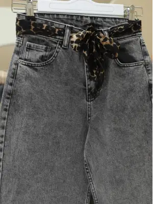 Fular Detaylı Palazzo Kot Pantolon  -Füme