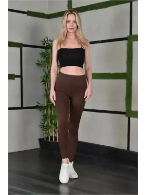 Full Likra Extra Toparlayıcı Yüksek Bel Dar Kalıp Günlük Spor Tayt - Kahverengi