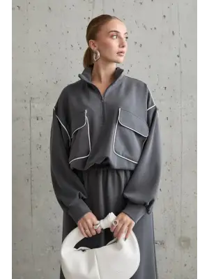 Omarı Füme Renkli Sweatshirt ve Etek Seti