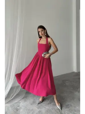 Omarı Fuşya Bağlamalı Keten Elbise