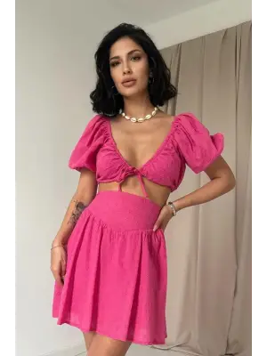 Fuşya Brode Crop Mini Etek Takım