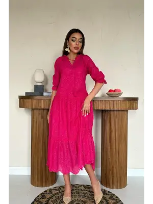 Omarı Dantel Detaylı Fuşya Elbise