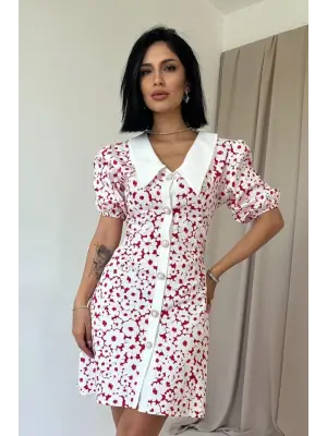 Fuşya Önlük Yakalı Poplin Elbise