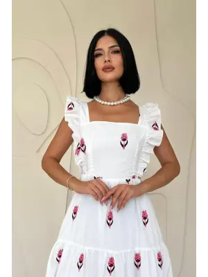 Fuşya Sıfır Kol Fırfırlı Elbise