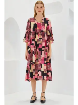 Fuşya Siyah Desenli Kısa Kol Viskon Elbise 1959