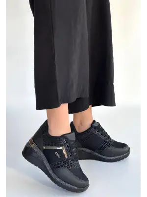 Geja Siyah Cilt Bağcıklı Spor Ayakkabı