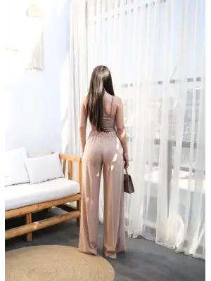 Omarı Keten Çapraz Parçalı Geniş Paça Pantolon