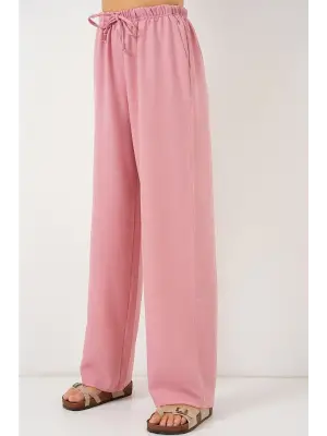 Geniş Paça Keten Pantolon 6735 - Pudra