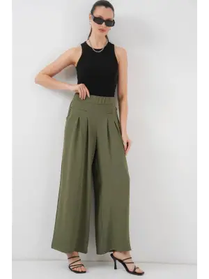 Haki Geniş Paça Pileli Pantolon Kadın Giyim