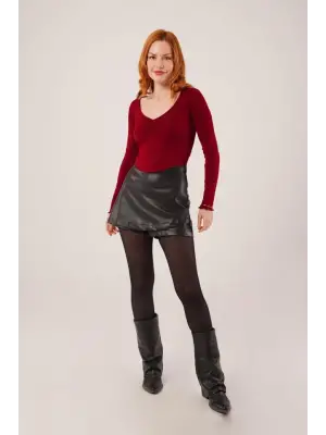 Geniş Yaka Bordo Basic Body Bluz