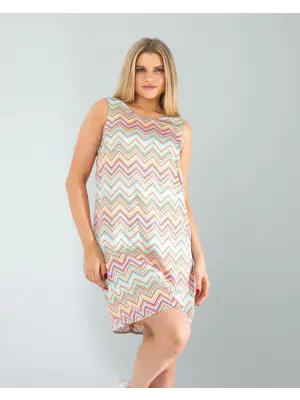 Omarı Zarif Geometrik Desenli Saten Elbise