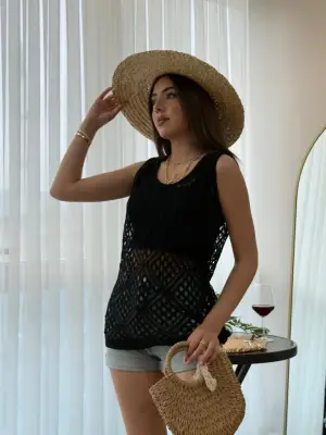 Omarı Geometrik Desenli Kadın Askılı Triko Bluz