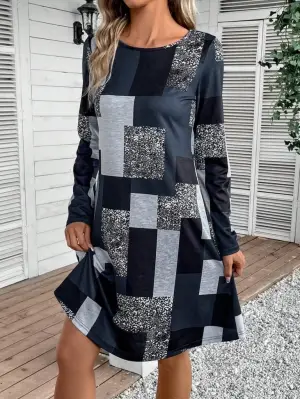 Omarı Modern Geometrik Desenli Uzun Kollu Elbise