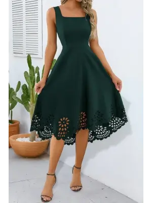 Omarı Elegan Geometrik Yaka Çiçek Desenli Elbise