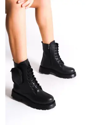 Rahat Tabanlı Bağcıklı Bayan Bot - Siyah