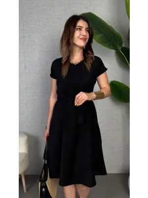 Omarı Şık V Yakalı Keten Elbise