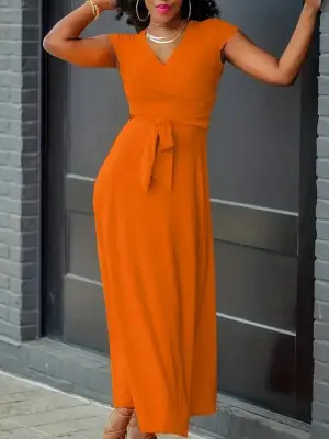 Omarı V Yakalı Belden Kuşaklı Maksi Boy Elbise