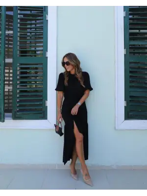 Omarı Yandan Yırtmaçlı Büzgülü Janjan Krep Elbise