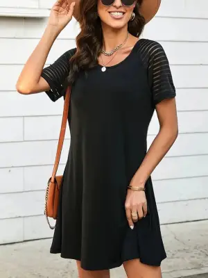 Omarı Yuvarlak Yaka Kol Detaylı Viskon Elbise