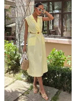 Omarı Göbeği Halka Detaylı Midi Boy Elbise