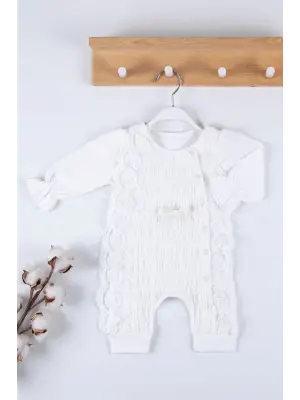 Gofralı Fransız Güpürlü % 100 Pamuk Kız Bebek Tulumu