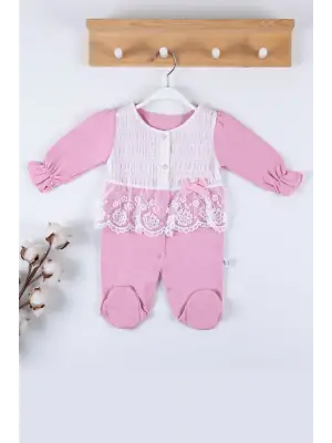 Gofralı Fransız Güpürlü % 100 Pamuk Kız Bebek Tulumu